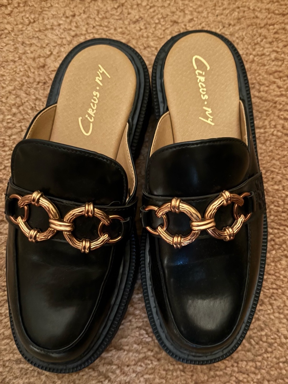 Circus by Sam Edelman Black Leather Slip-On Mules with Gold Chain